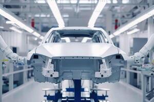 A car is being worked on in a factory photo