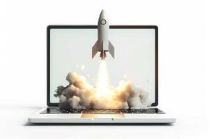 A laptop with a rocket launching out of it photo