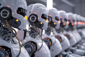 Robot factory line of white robots in a row photo