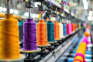 A factory with spools of thread on a conveyor photo