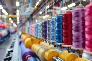 A factory with spools of thread and spools of yarn photo
