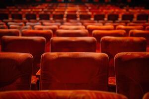 Rows of red seats in an auditorium photo