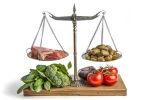 A scale with meat, vegetables and bread photo