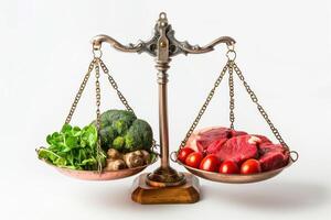 Two scales with meat and vegetables on them photo