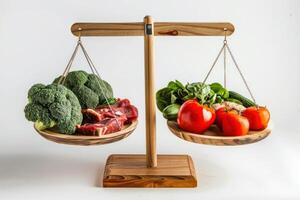 Two wooden scales with vegetables and meat on them photo
