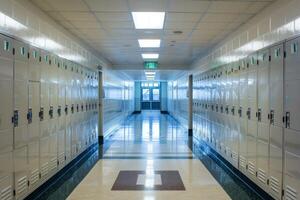 A long hallway with many lockers in it photo
