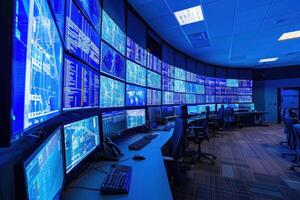 A large room with multiple monitors and computers photo