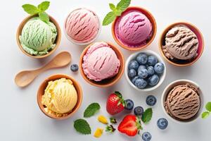 Various ice cream scoops in bowls with berries and mint leaves photo
