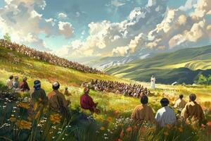 The painting depicts people in the field with a mountain in the background photo