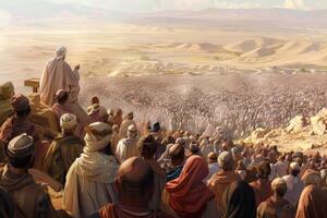A large crowd of people standing on a hill in the desert photo