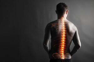A man with a back pain and spine highlighted photo