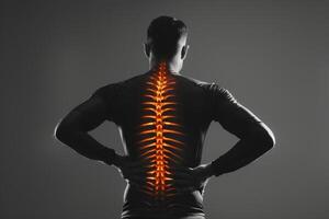 Man with back pain and spine highlighted photo