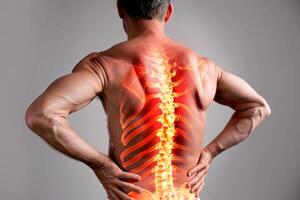 A man with back pain and spine highlighted photo