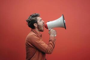 A man is shouting into a megaphone photo