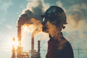 Silhouette of a man in a hard hat and a factory with smoke coming out of it photo