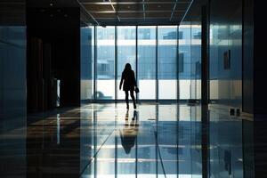 Silhouette of a woman walking through an empty hallway photo