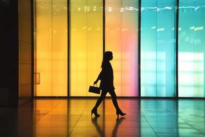 Silhouette of business woman walking in lobby of building with colorful wall photo