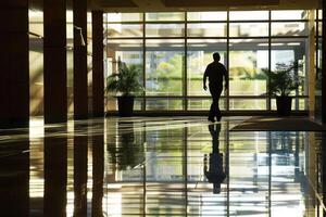 A man walking through a large lobby photo