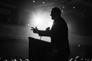 A man in a suit is giving a speech in front of a crowd photo