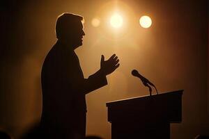 Silhouette of a man giving a speech at a podium photo