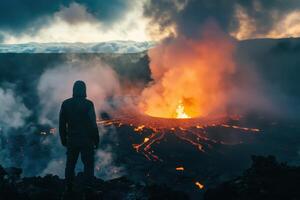 A man standing in front of a volcano with lava pouring out of it photo