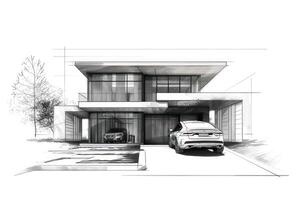 A sketch of a modern house with a car parked in front photo