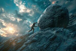 A man pushing a large rock up a mountain photo