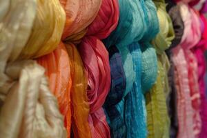 A row of colorful scarves hanging on a wall photo