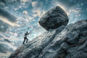 Man balancing on top of rock with large boulder photo