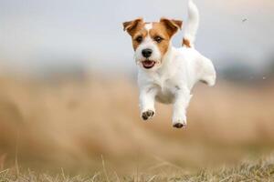 A dog jumping in the air in a field photo