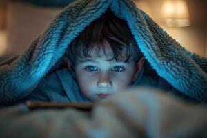 A young boy under a blanket looking at a cell phone photo