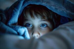 A child hiding under a blanket with blue eyes photo