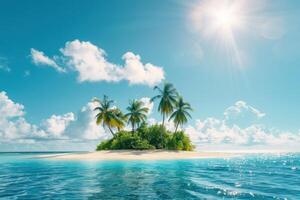 Tropical island with palm trees and sun in the sky photo