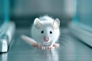 A white mouse is standing in front of a door photo
