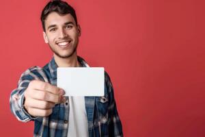 A man holding up a blank card against a red background photo