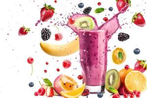Fresh fruit smoothie with splash isolated on white background photo