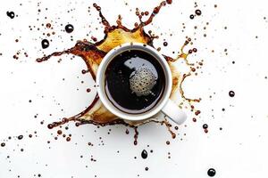 A cup of coffee is splashed with liquid photo