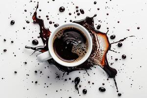 A cup of coffee is surrounded by coffee beans photo