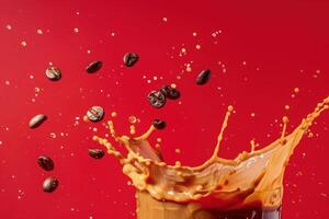 Coffee beans and splash of liquid on red background photo