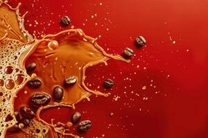 Coffee beans and splash of coffee liquid on red background photo