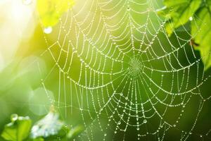 A spider web with dew drops on it photo