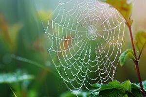 A spider web with dew on it in the morning photo