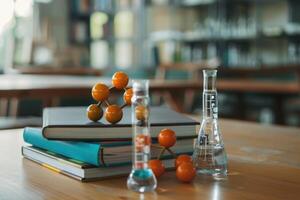 A stack of books and a glass flask with orange balls photo