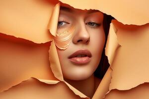 A woman is peeking out of a hole in a paper photo