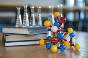 A model of a molecule on top of books and a glass flask photo