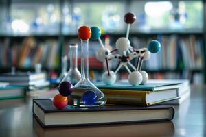 A table with books and a glass flask photo