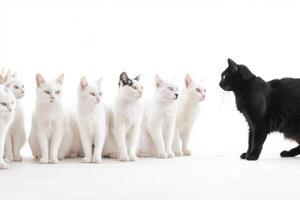 A black cat is standing in front of a group of white cats photo