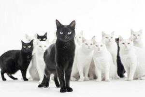 A group of black cats standing in front of a white background photo
