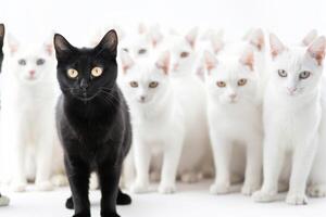 A group of black and white cats standing in front of a white background photo