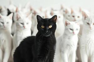 A black cat is surrounded by a group of white cats photo
